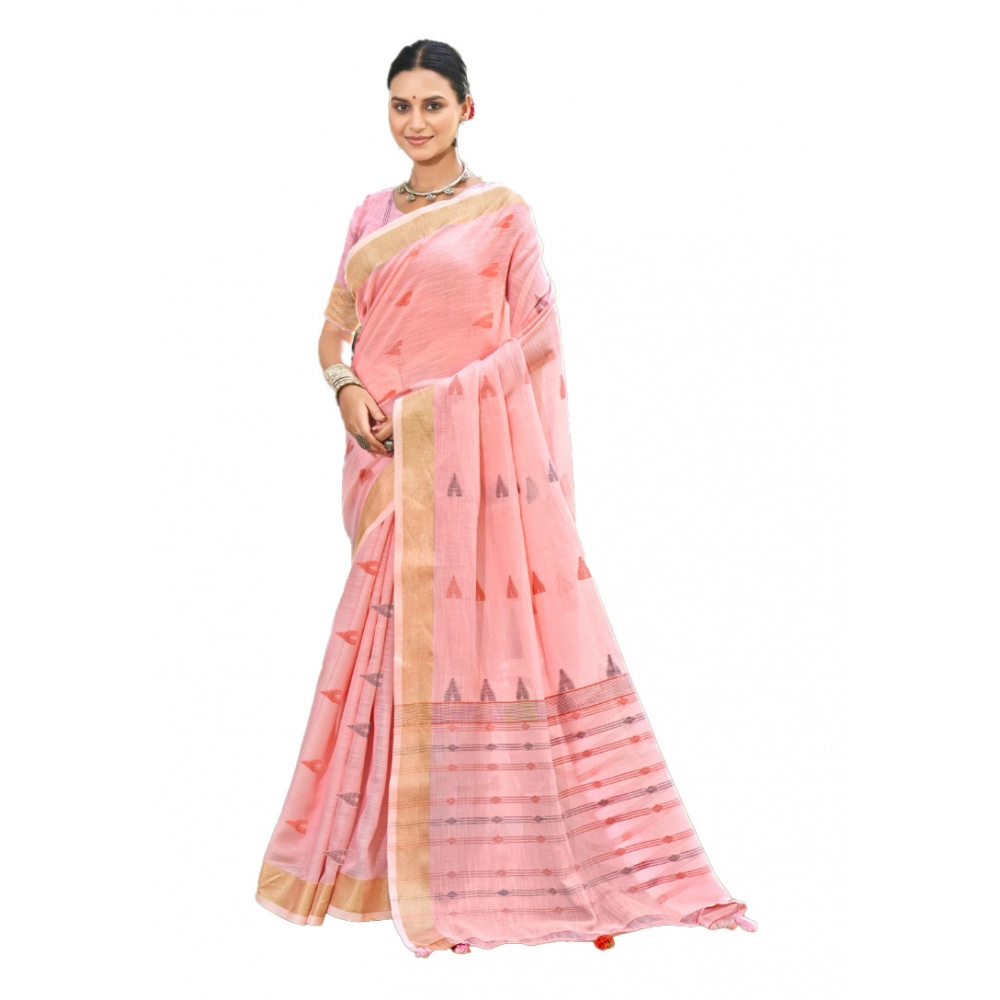 Generic Women's Cotton Printed Saree With Unstitched Blouse 5.5Mtr (Pink)