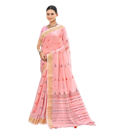 Generic Women's Cotton Printed Saree With Unstitched Blouse 5.5Mtr (Pink)