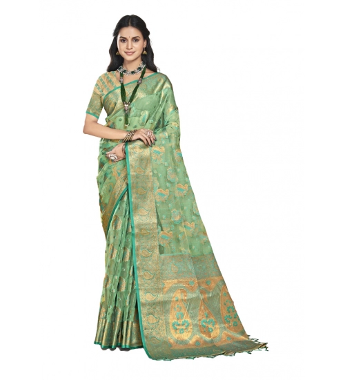 Generic Women's Organza Woven Design Saree With Unstitched Blouse 5.5Mtr (Green)