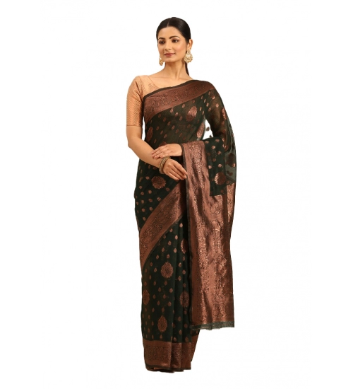 Generic Women's Cotton Woven Design Saree With Unstitched Blouse 5.5Mtr (Green)