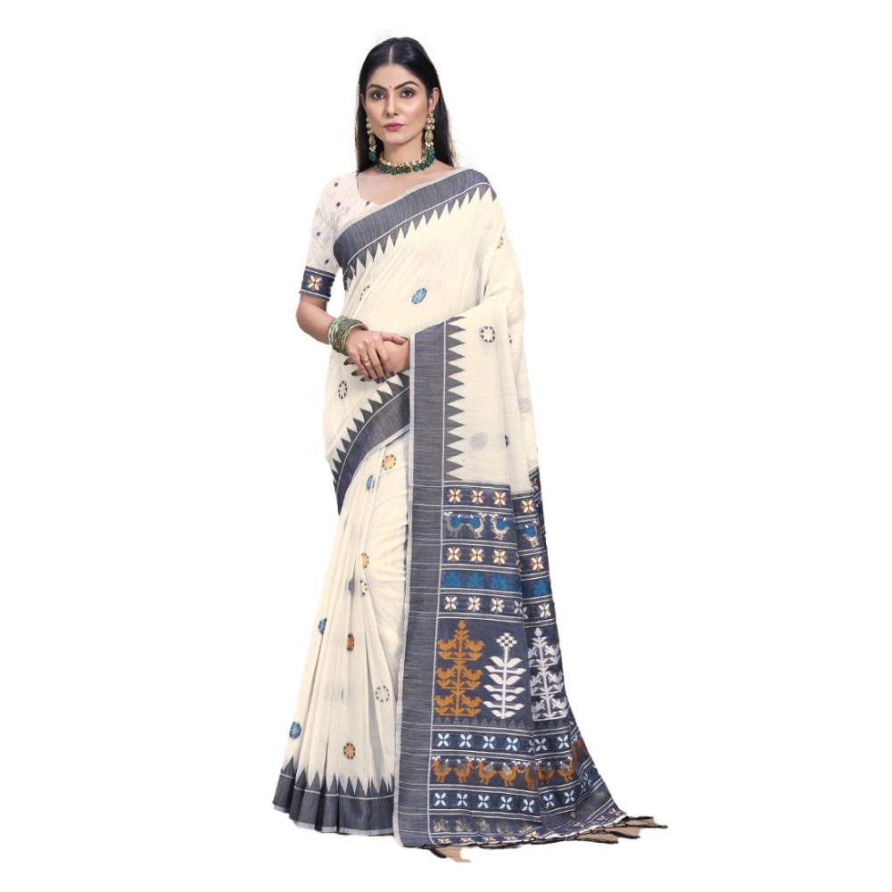 Generic Women's Cotton Printed Saree With Unstitched Blouse 5.5Mtr (Grey)
