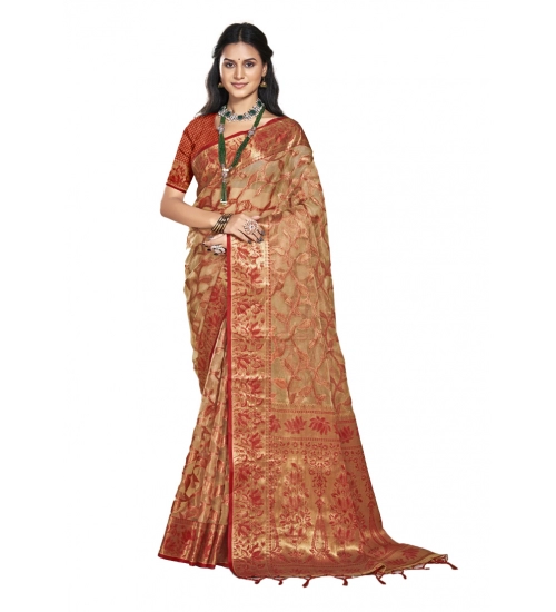 Generic Women's Organza Woven Design Saree With Unstitched Blouse 5.5Mtr (Beige)