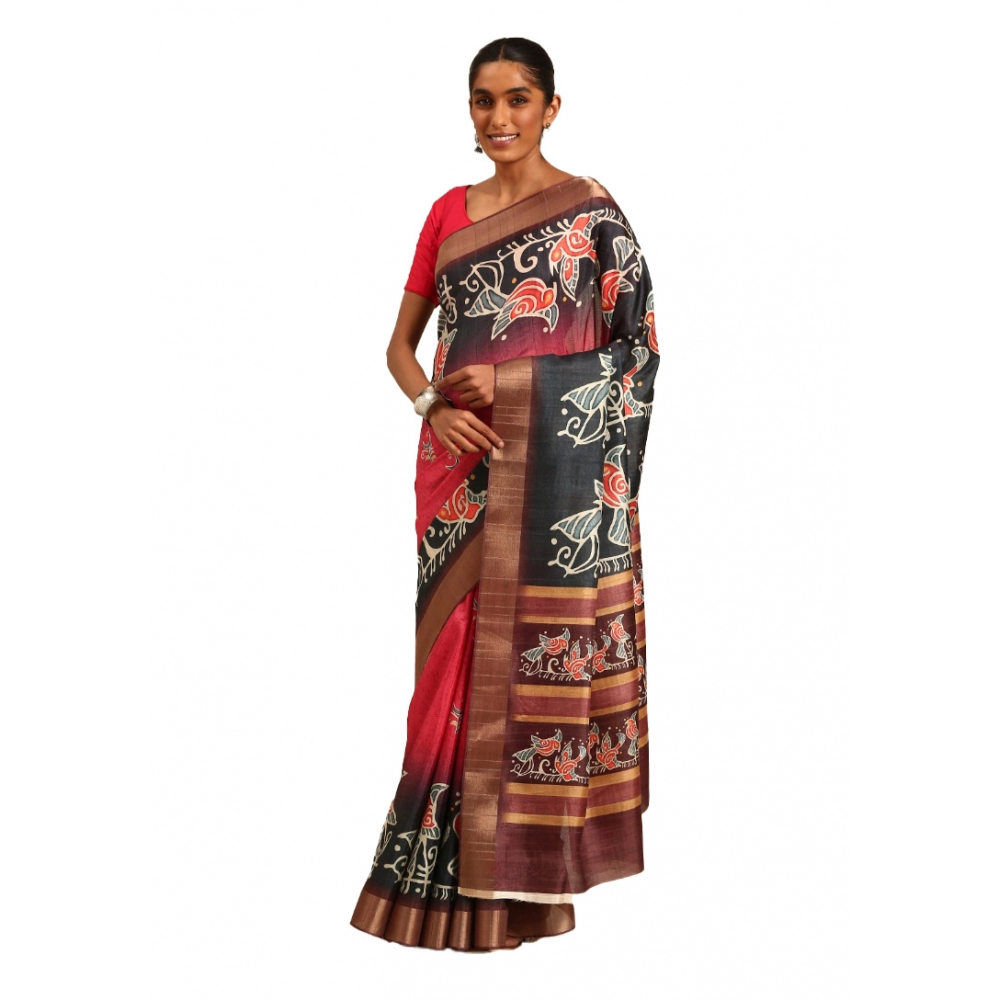 Generic Women's Cotton Printed Saree With Unstitched Blouse 5.5Mtr (Pink-Black)