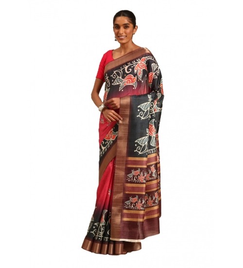 Generic Women's Cotton Printed Saree With Unstitched Blouse 5.5Mtr (Pink-Black)