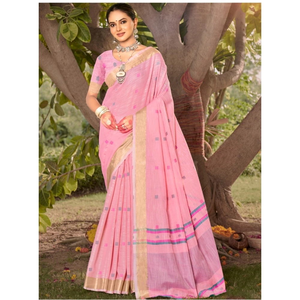 Generic Women's Cotton Printed Saree With Unstitched Blouse 5.5Mtr (Pink)