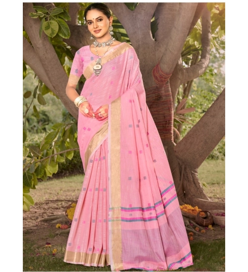 Generic Women's Cotton Printed Saree With Unstitched Blouse 5.5Mtr (Pink)