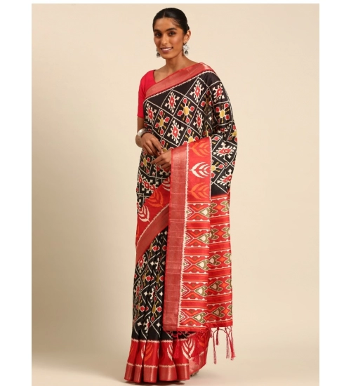 Generic Women's Cotton Printed Saree With Unstitched Blouse 5.5Mtr (Black)