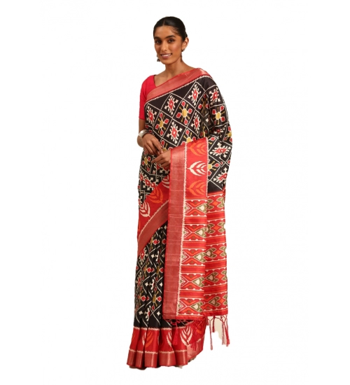 Generic Women's Cotton Printed Saree With Unstitched Blouse 5.5Mtr (Black)