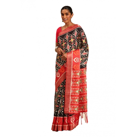 Generic Women's Cotton Printed Saree With Unstitched Blouse 5.5Mtr (Black)