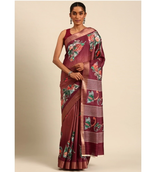 Generic Women's Cotton Printed Saree With Unstitched Blouse 5.5Mtr (Brown)