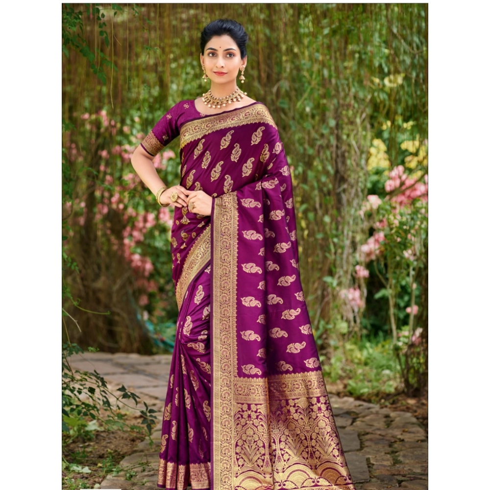 Generic Women's Silk Woven Design Saree With Unstitched Blouse 5.5Mtr (Wine)