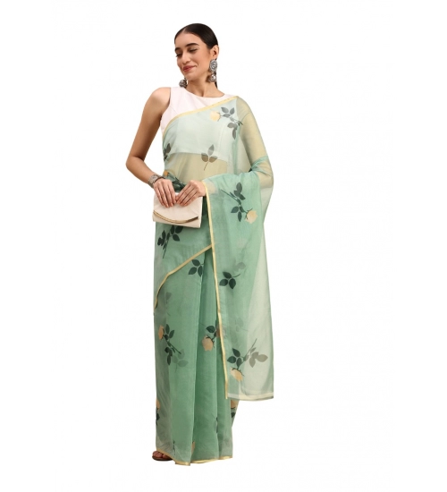 Generic Women's Organza Printed Saree With Unstitched Blouse 5.5Mtr (Sea Green)