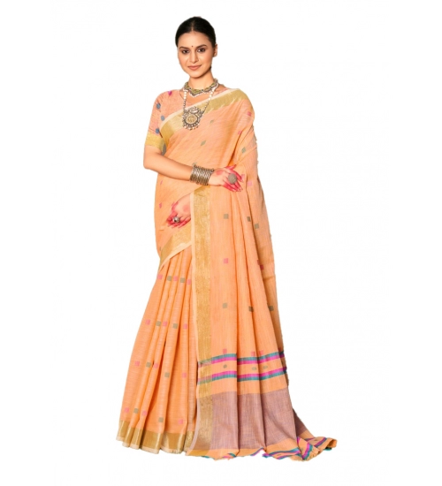 Generic Women's Cotton Printed Saree With Unstitched Blouse 5.5Mtr (Peach)