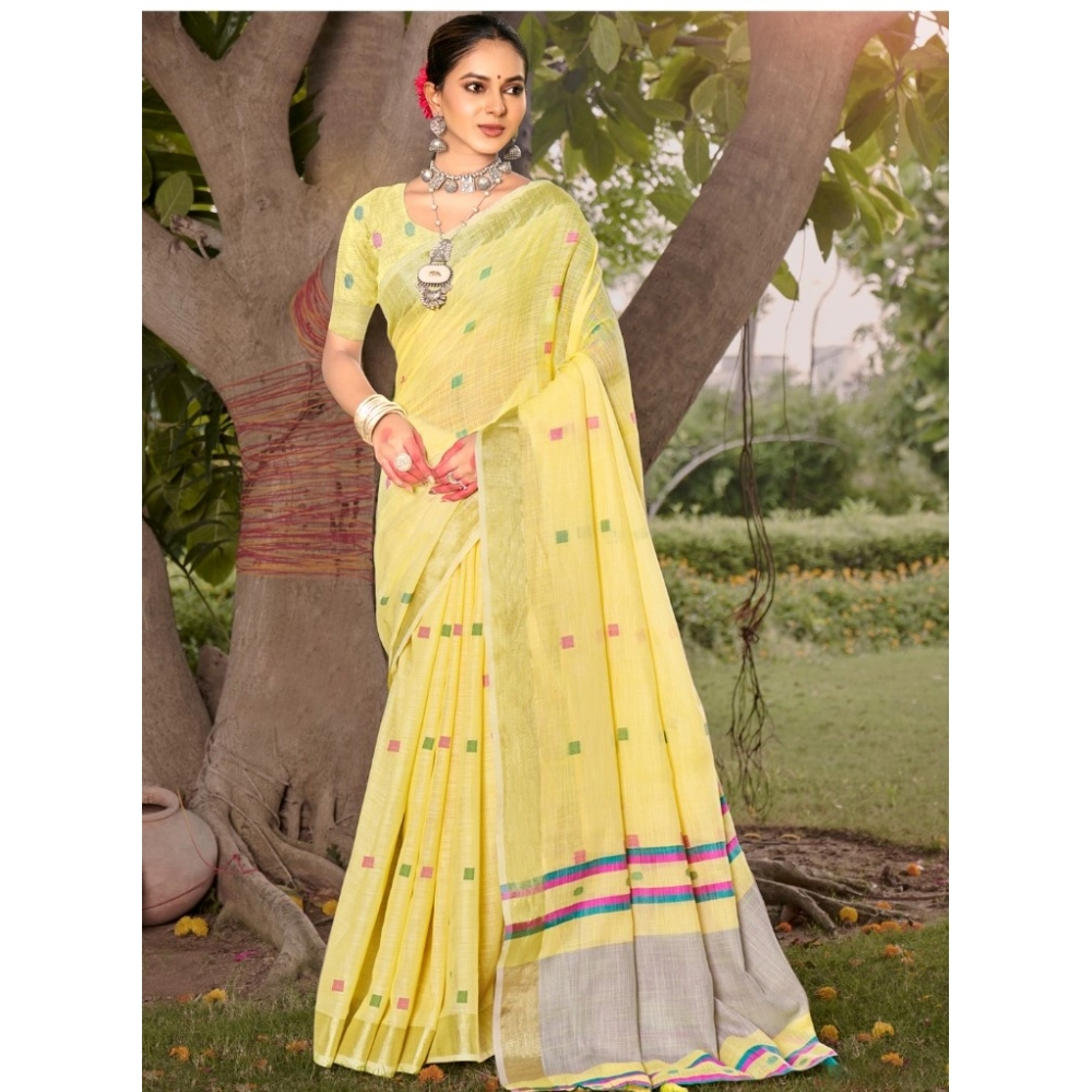 Generic Women's Cotton Printed Saree With Unstitched Blouse 5.5Mtr (Yellow)