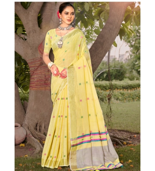 Generic Women's Cotton Printed Saree With Unstitched Blouse 5.5Mtr (Yellow)