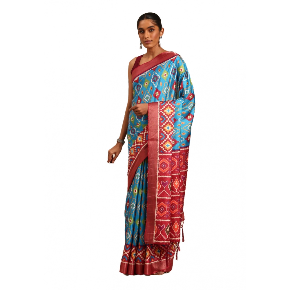 Generic Women's Cotton Printed Saree With Unstitched Blouse 5.5Mtr (SkyBlue)