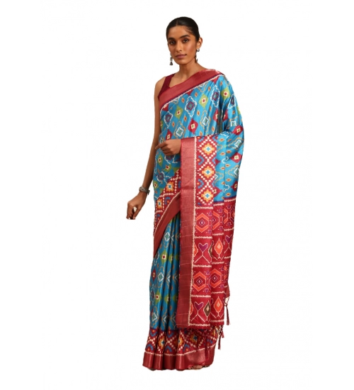 Generic Women's Cotton Printed Saree With Unstitched Blouse 5.5Mtr (SkyBlue)