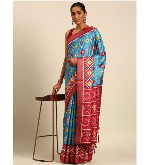 Generic Women's Cotton Printed Saree With Unstitched Blouse 5.5Mtr (SkyBlue)