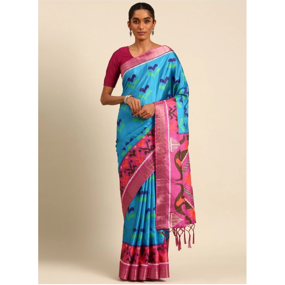 Generic Women's Cotton Printed Saree With Unstitched Blouse 5.5Mtr (Blue)