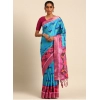 Generic Women's Cotton Printed Saree With Unstitched Blouse 5.5Mtr (Blue)