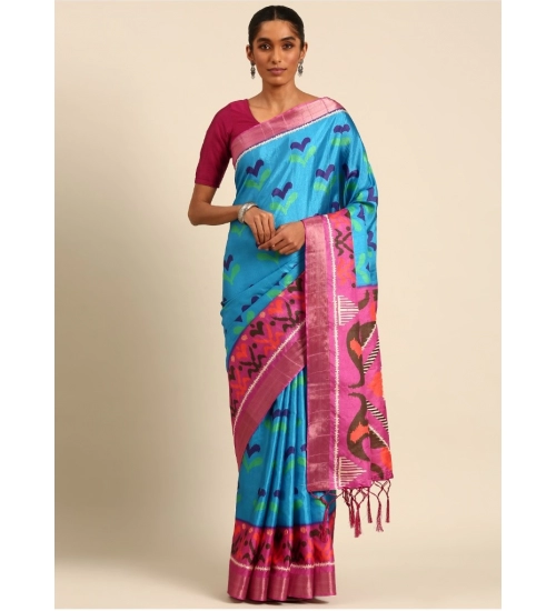 Generic Women's Cotton Printed Saree With Unstitched Blouse 5.5Mtr (Blue)