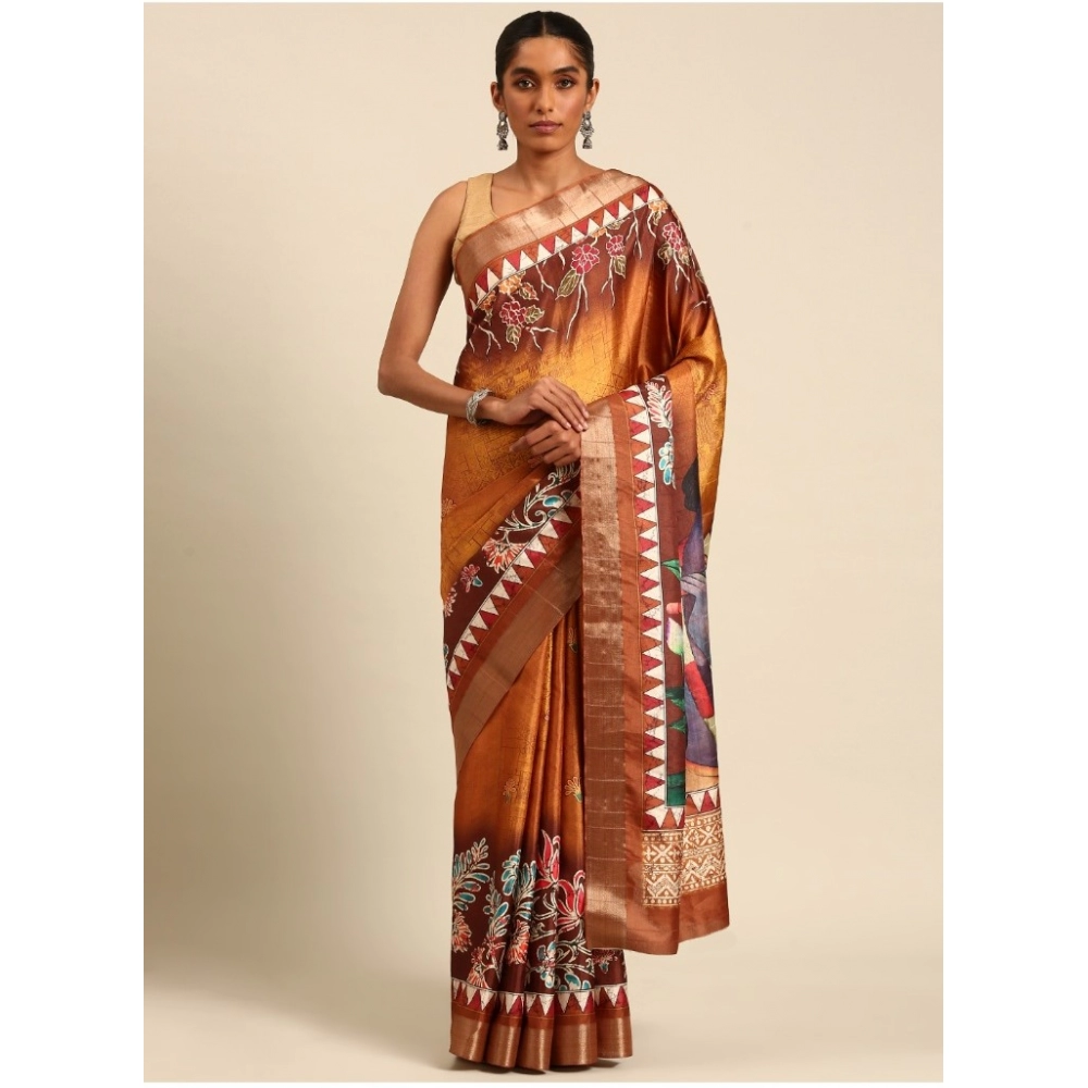 Generic Women's Cotton Printed Saree With Unstitched Blouse 5.5Mtr (Gold)