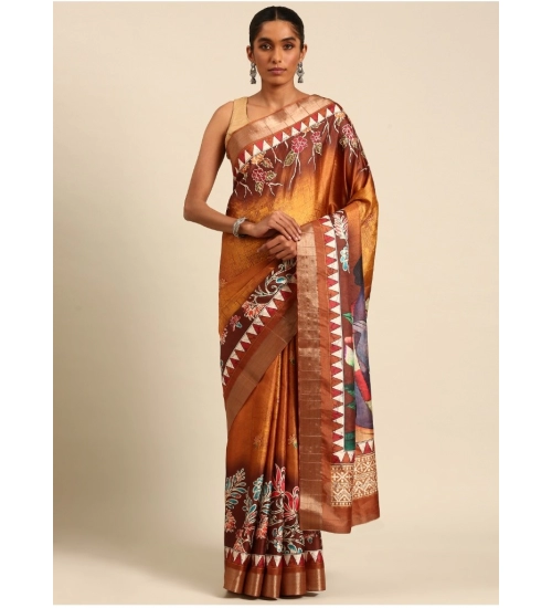 Generic Women's Cotton Printed Saree With Unstitched Blouse 5.5Mtr (Gold)