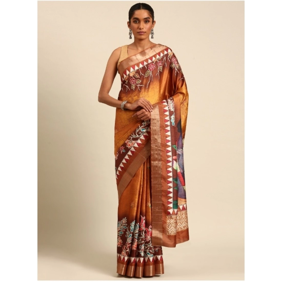 Generic Women's Cotton Printed Saree With Unstitched Blouse 5.5Mtr (Gold)