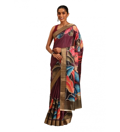 Generic Women's Cotton Printed Saree With Unstitched Blouse 5.5Mtr (Maroon)