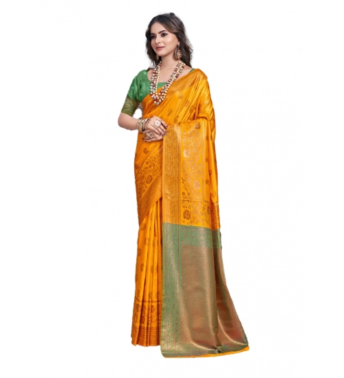 Generic Women's Silk Woven Design Saree With Unstitched Blouse 5.5Mtr (Yellow)