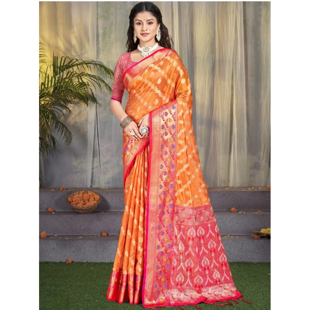 Generic Women's Silk Woven Design Saree With Unstitched Blouse 5.5Mtr (Orange)