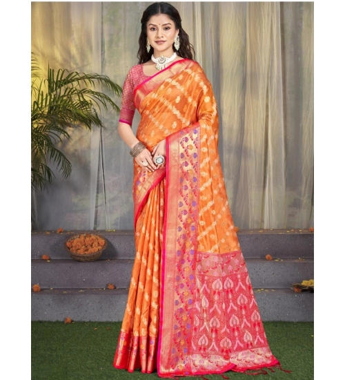 Generic Women's Silk Woven Design Saree With Unstitched Blouse 5.5Mtr (Orange)