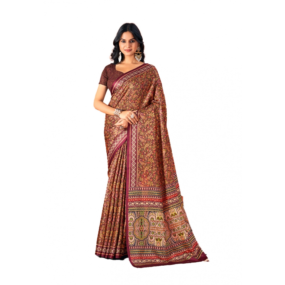 Generic Women's Polyester Printed Saree With Unstitched Blouse 5.5Mtr (Brown)