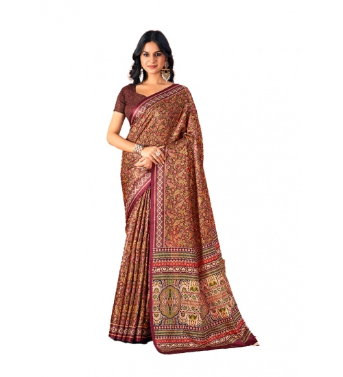 Generic Women's Polyester Printed Saree With Unstitched Blouse 5.5Mtr (Brown)