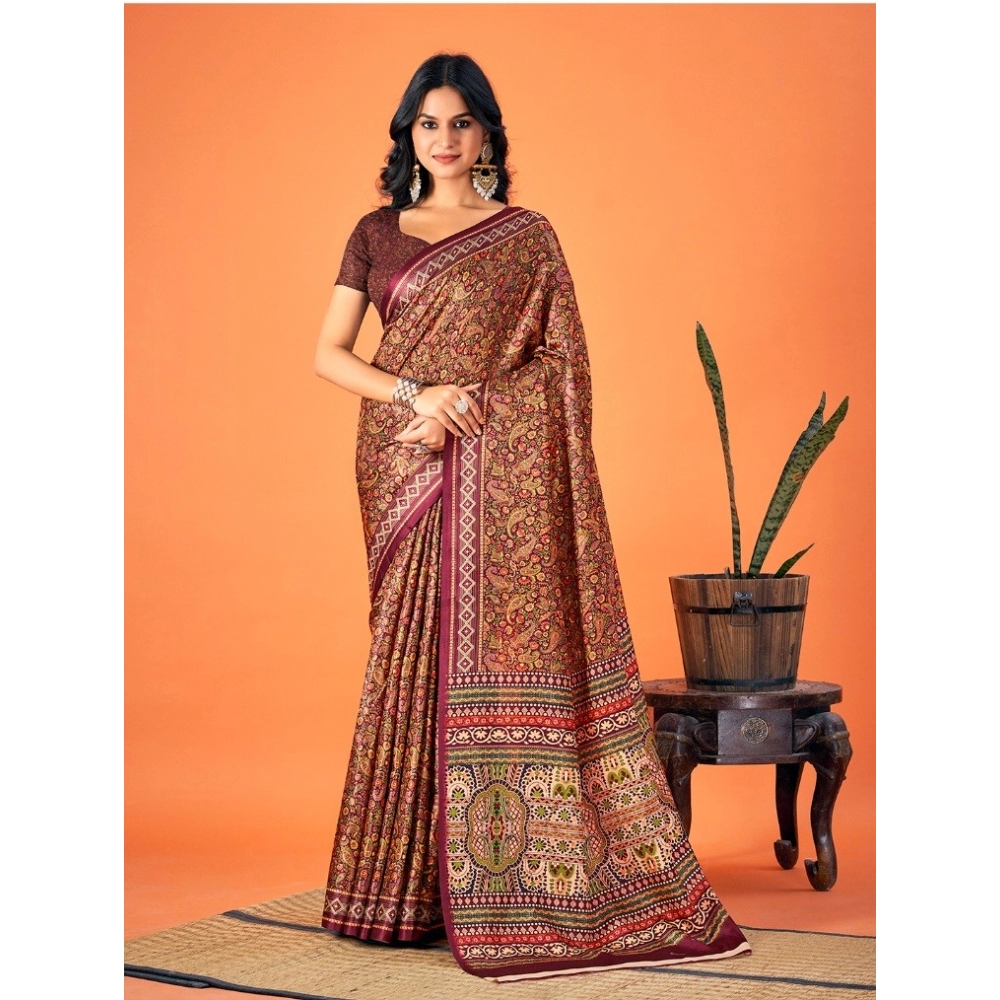 Generic Women's Polyester Printed Saree With Unstitched Blouse 5.5Mtr (Brown)