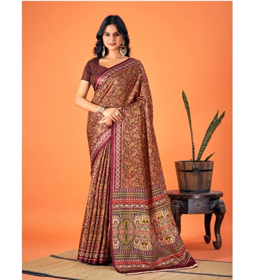 Generic Women's Polyester Printed Saree With Unstitched Blouse 5.5Mtr (Brown)