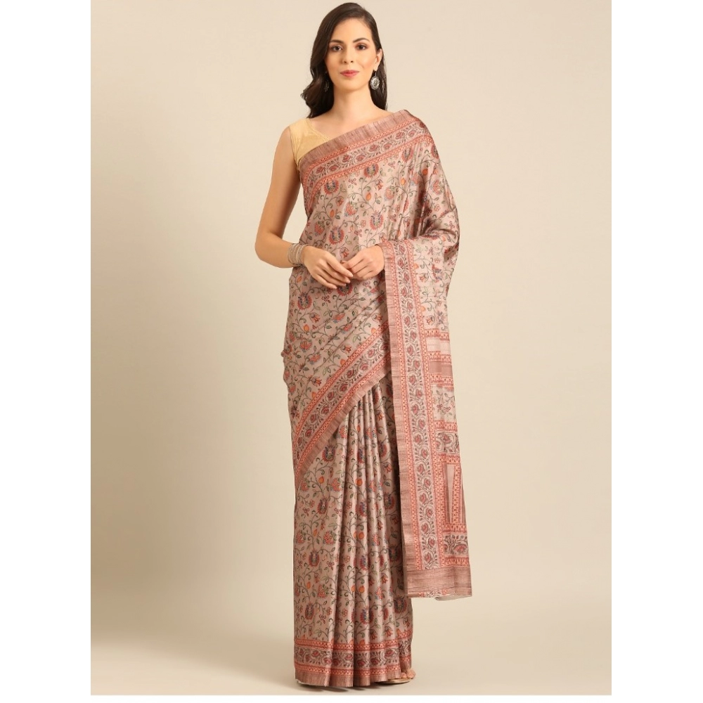 Generic Women's Cotton Printed Saree With Unstitched Blouse 5.5Mtr (Light-Brown)