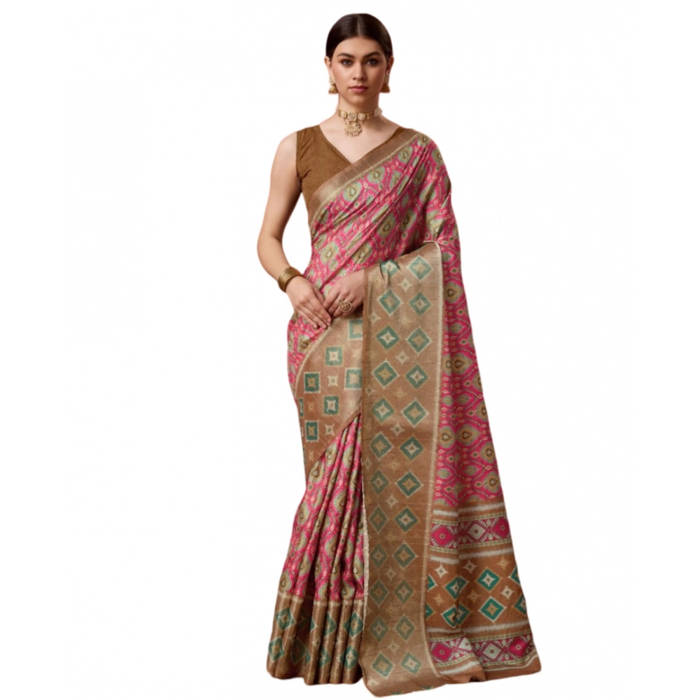 Generic Women's Cotton Printed Saree With Unstitched Blouse 5.5Mtr (Pink)