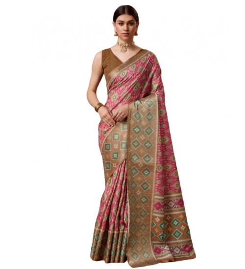 Generic Women's Cotton Printed Saree With Unstitched Blouse 5.5Mtr (Pink)