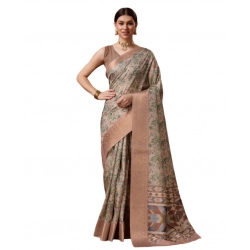 Generic Women's Cotton Printed Saree With Unstitched Blouse 5.5Mtr (Peach)