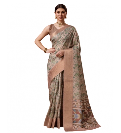 Generic Women's Cotton Printed Saree With Unstitched Blouse 5.5Mtr (Peach)