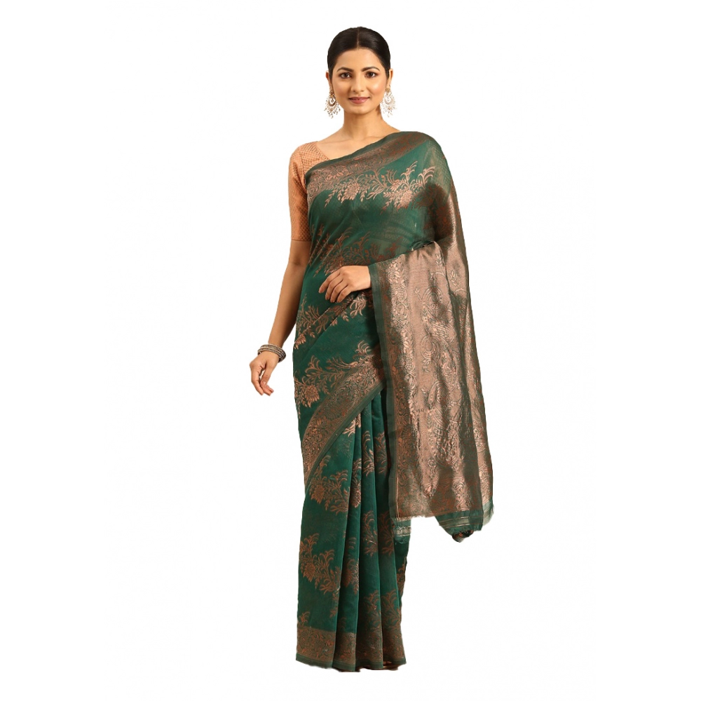 Generic Women's Cotton Woven Design Saree With Unstitched Blouse 5.5Mtr (Green)