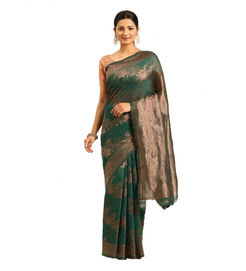 Generic Women's Cotton Woven Design Saree With Unstitched Blouse 5.5Mtr (Green)