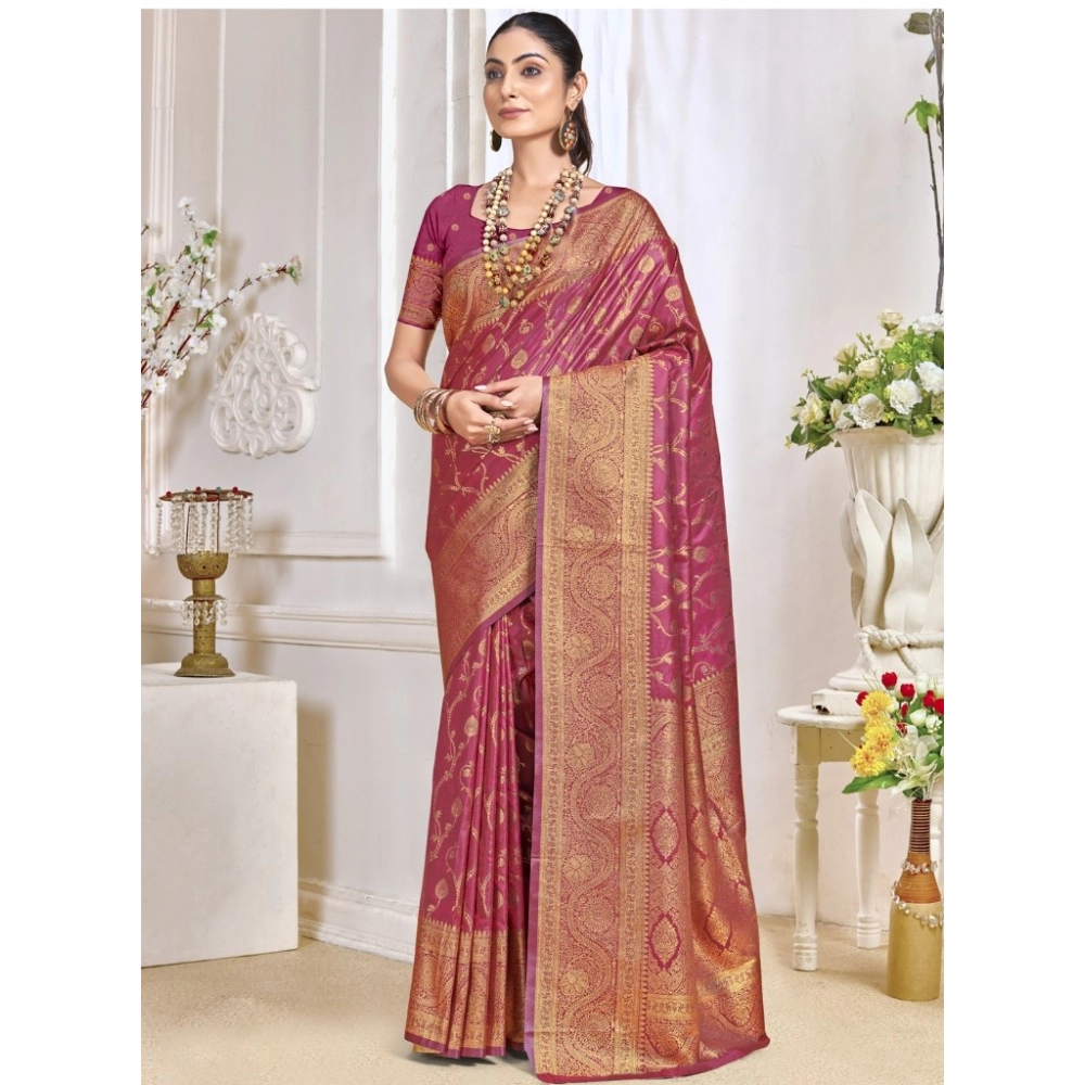Generic Women's Silk Printed Saree With Unstitched Blouse 5.5Mtr (Pink)