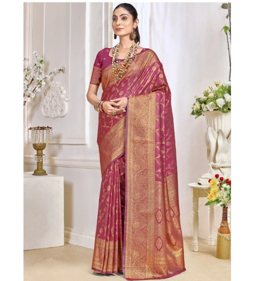 Generic Women's Silk Printed Saree With Unstitched Blouse 5.5Mtr (Pink)
