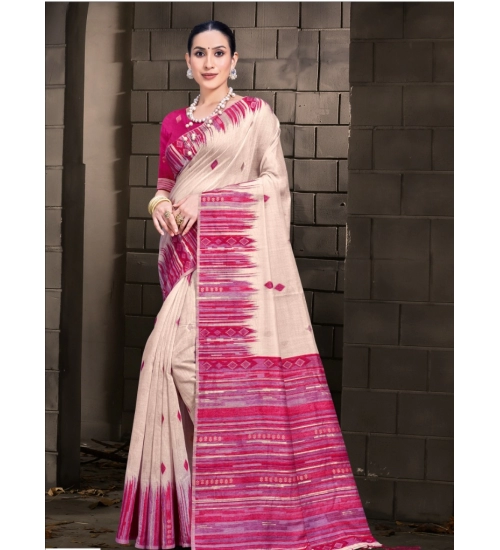 Generic Women's Cotton Printed Saree With Unstitched Blouse 5.5Mtr (Cream-Darkpink)