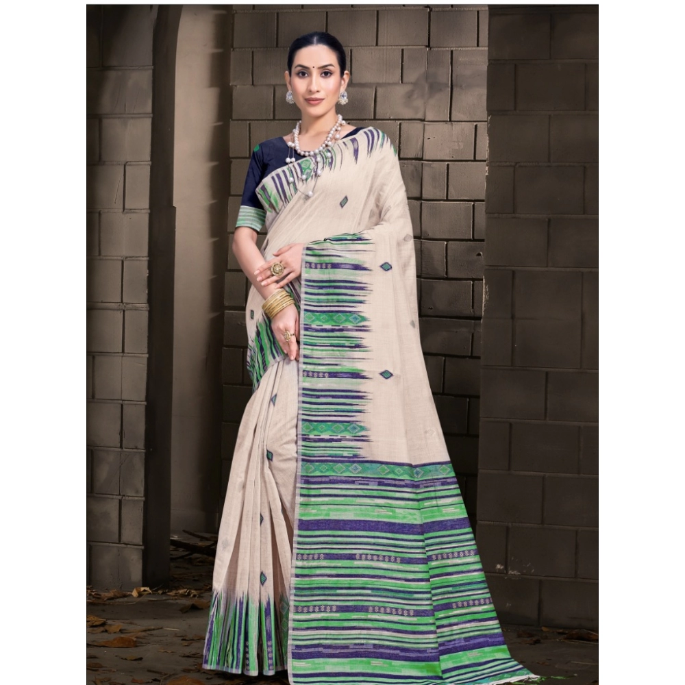 Generic Women's Cotton Printed Saree With Unstitched Blouse 5.5Mtr (Cream-Green)