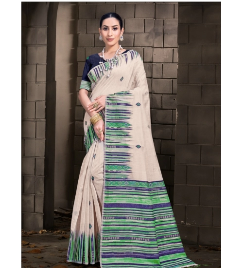 Generic Women's Cotton Printed Saree With Unstitched Blouse 5.5Mtr (Cream-Green)