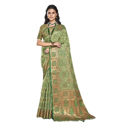 Generic Women's Organza Woven Design Saree With Unstitched Blouse 5.5Mtr (Green)