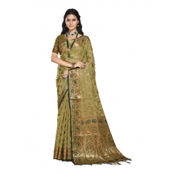 Generic Women's Organza Woven Design Saree With Unstitched Blouse 5.5Mtr (Olive-green)